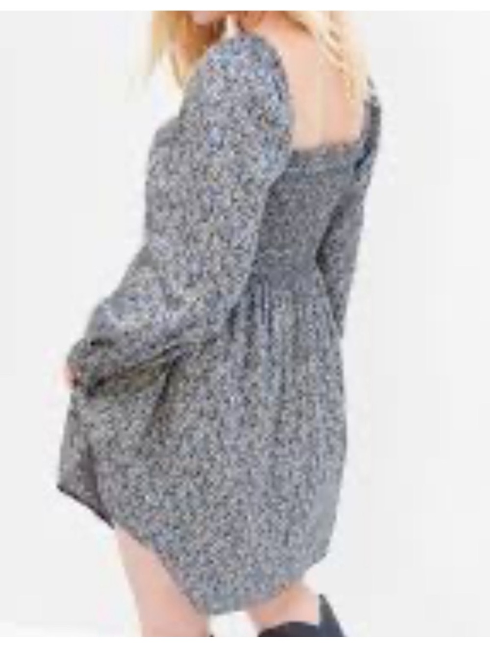 GAP Smocked Puff Mini Dress L Large Long Sleeve Black Dainty Floral